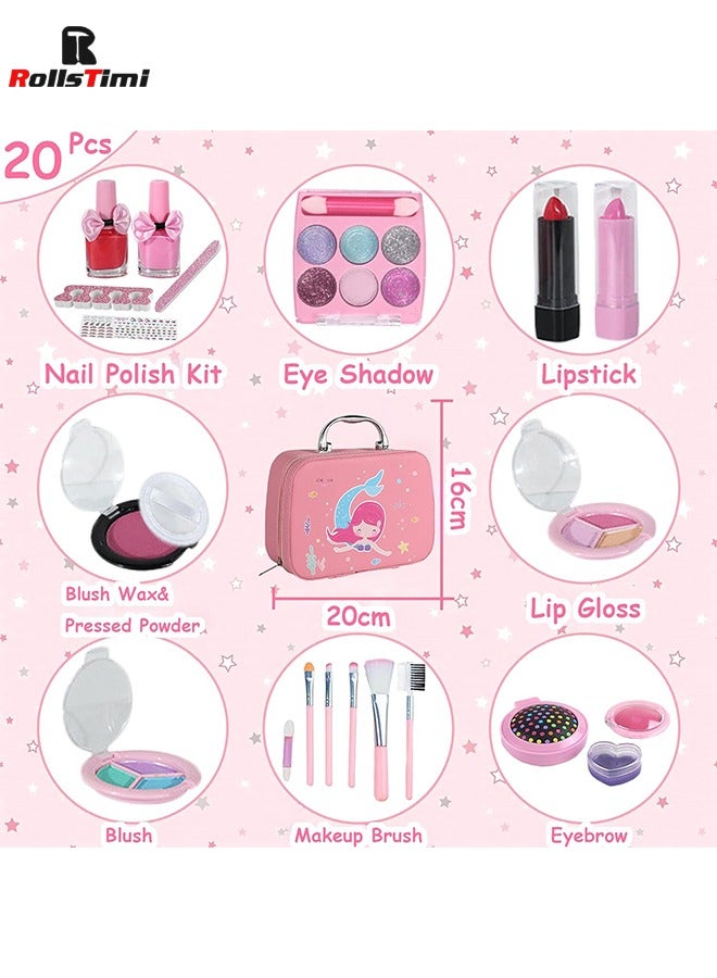 Kids Makeup kit for Girl, 20PCS Washable Makeup Set Toy with Real Cosmetic Case, Safe & Non-Toxic Kids Makeup Set, Pretend Play Makeup Beauty Set