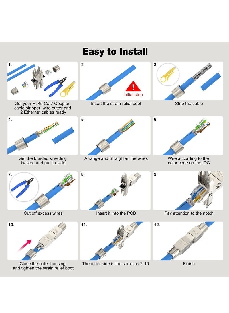 RJ45 Coupler, Tool-Free RJ45 Coupler Shielded, Tool Less Ethernet Cable Extender PoE+, Ethernet LAN Cable Connector for Cat7/Cat6A Network Cables 2 Pack, Silver