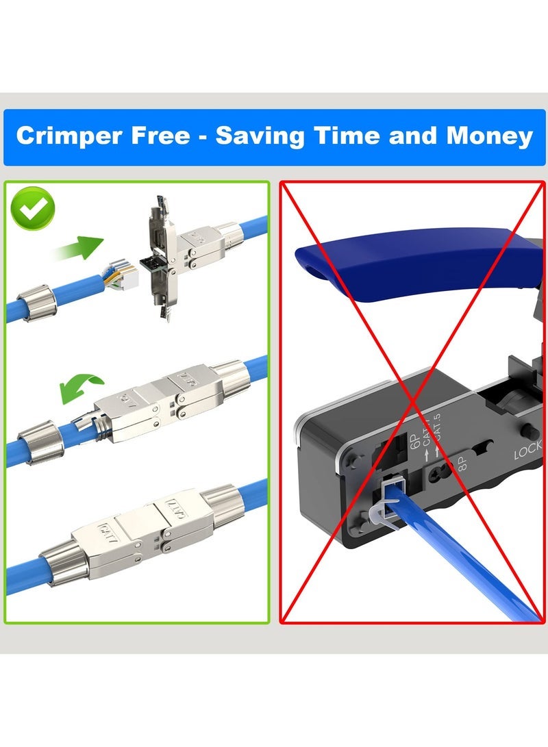 RJ45 Coupler, Tool-Free RJ45 Coupler Shielded, Tool Less Ethernet Cable Extender PoE+, Ethernet LAN Cable Connector for Cat7/Cat6A Network Cables 2 Pack, Silver