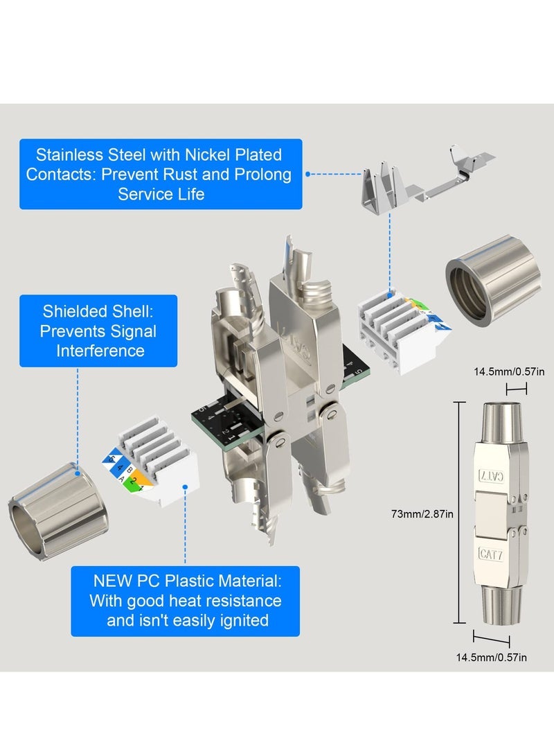 RJ45 Coupler, Tool-Free RJ45 Coupler Shielded, Tool Less Ethernet Cable Extender PoE+, Ethernet LAN Cable Connector for Cat7/Cat6A Network Cables 2 Pack, Silver