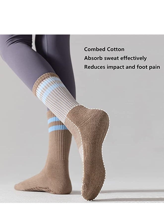 Non Slip Socks Women Fashion All Season Socks Sports Casual Simple Striped Colors for Pilates Yoga Barre Ballet Dance Fitness Football Hospital  Mid-Tube Socks Free Size 3-Pair