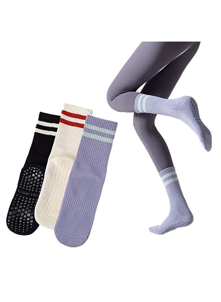 Non Slip Socks Women Fashion All Season Socks Sports Casual Simple Striped Colors for Pilates Yoga Barre Ballet Dance Fitness Football Hospital  Mid-Tube Socks Free Size 3-Pair