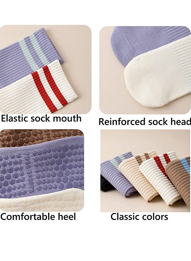 Non Slip Socks Women Fashion All Season Socks Sports Casual Simple Striped Colors for Pilates Yoga Barre Ballet Dance Fitness Football Hospital  Mid-Tube Socks Free Size 3-Pair