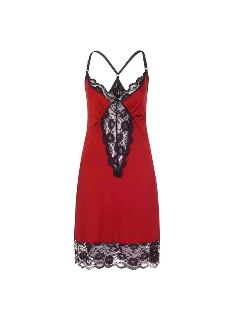 Spring and Summer Lace Nightwear Slip Mesh Floral Lace Babydoll Plus Size for Women Red 2XL