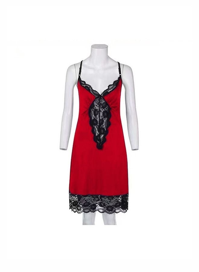 Spring and Summer Lace Nightwear Slip Mesh Floral Lace Babydoll Plus Size for Women Red 2XL