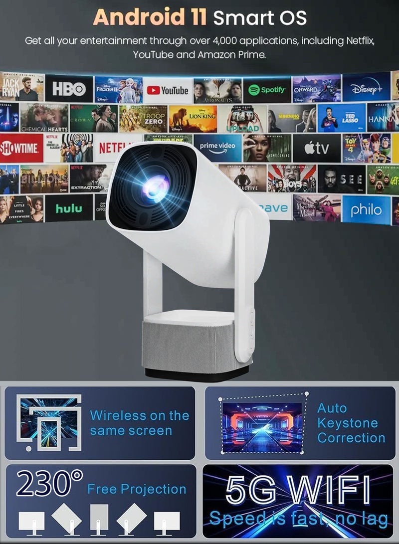 Rechargeable 5000 Lumens HD Smart Projector Portable Mini Cinema 150 Inches Screen Display Lamp 4K Home Movie Theatre Gaming Video Presentations 230 Degree Rotating Screen Mobile Phone Projection