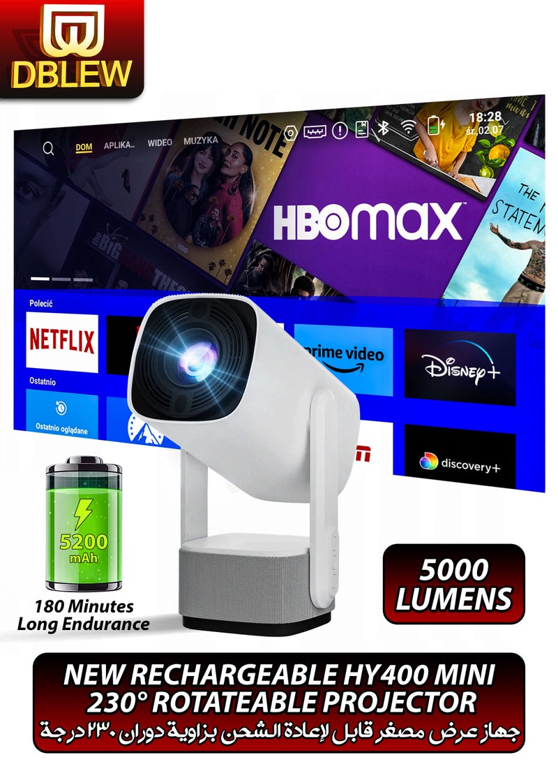 Rechargeable 5000 Lumens HD Smart Projector Portable Mini Cinema 150 Inches Screen Display Lamp 4K Home Movie Theatre Gaming Video Presentations 230 Degree Rotating Screen Mobile Phone Projection