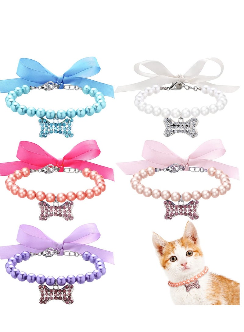 Pet Pearl Necklace,  Diamond Crystal Dog Collars, Adjustable Cat Collar, Dog Pearl Jewelry Set Wedding Collar for Puppy Pets Dogs Cats Costume Outfits Pet Wedding Birthday Party Supplies 5PCS