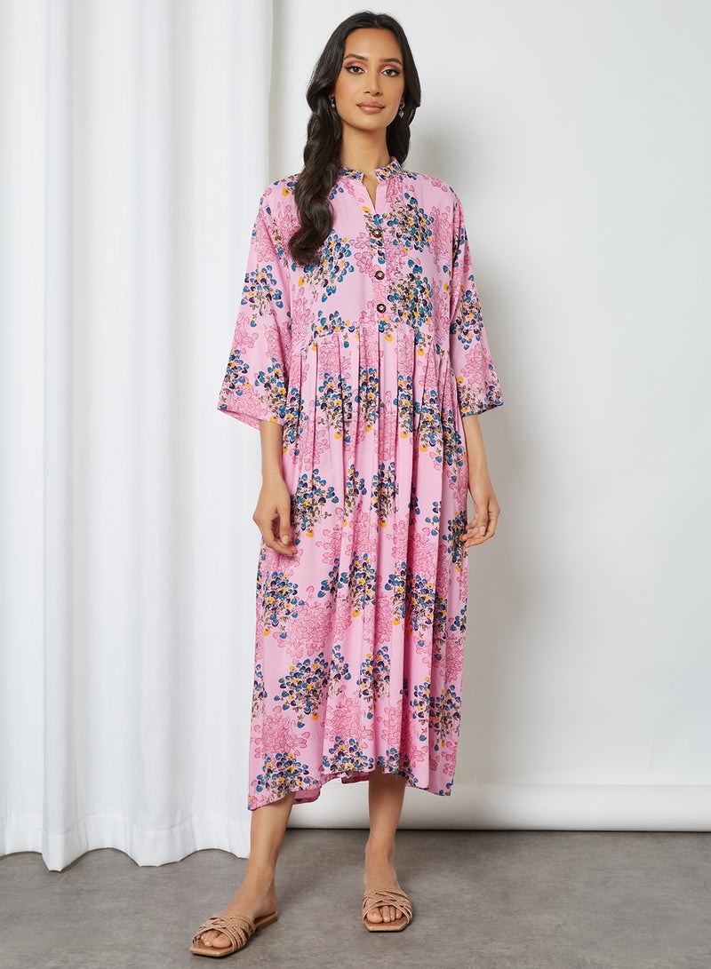 Floral Printed Three-Quarter Sleeves Mandarian Neck Midi Jalabiya Multicolour