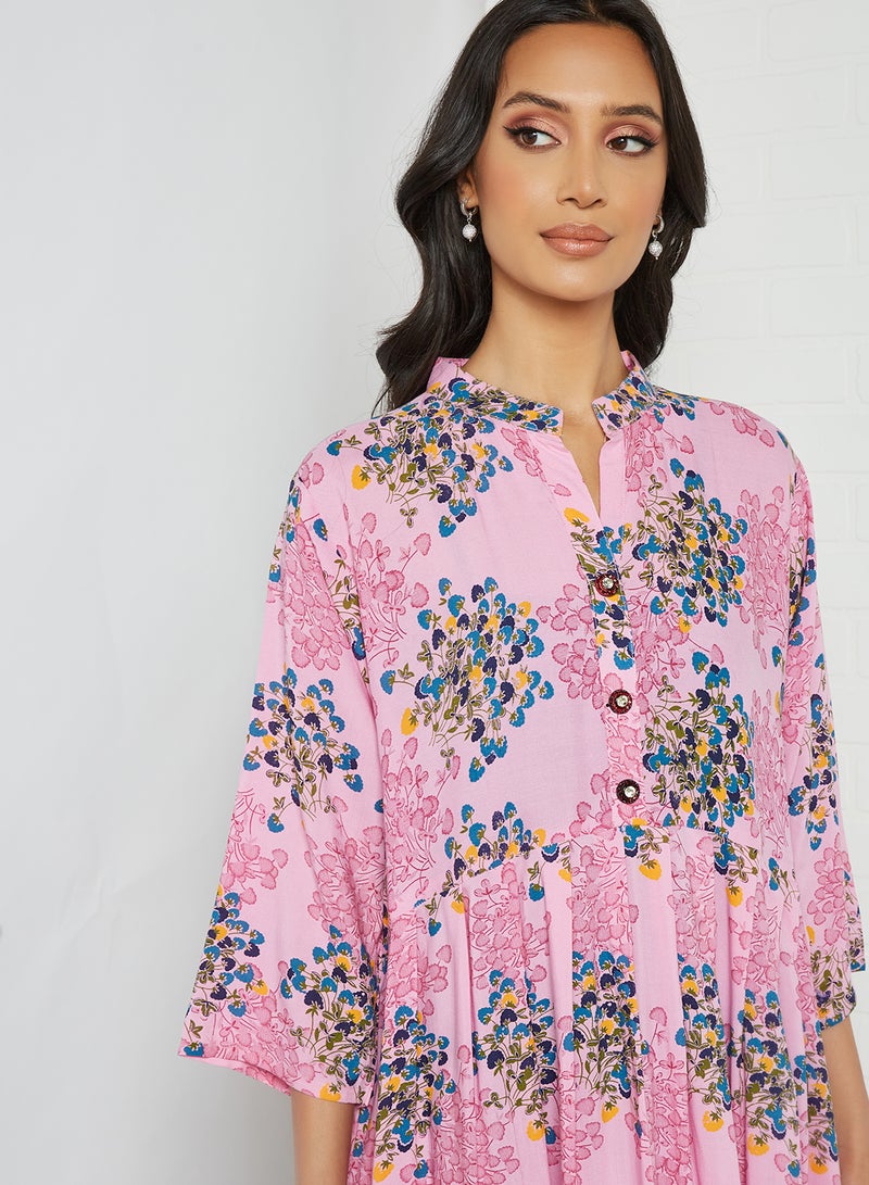 Floral Printed Three-Quarter Sleeves Mandarian Neck Midi Jalabiya Multicolour