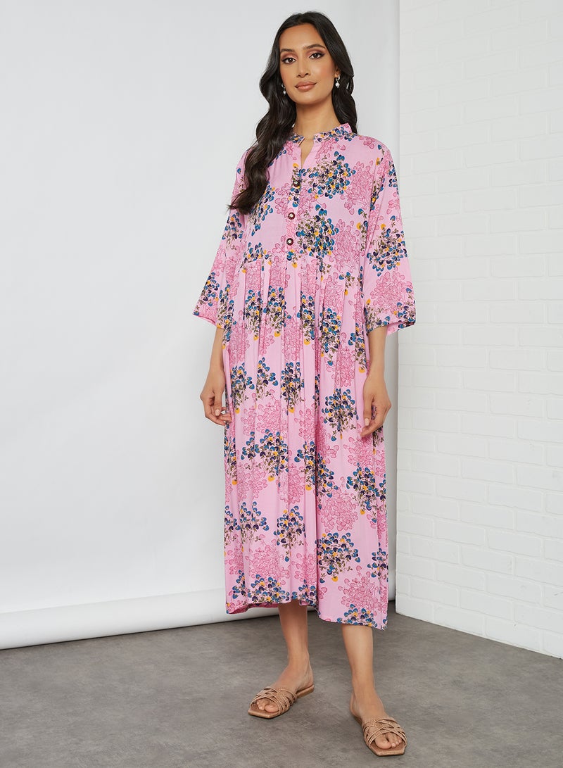 Floral Printed Three-Quarter Sleeves Mandarian Neck Midi Jalabiya Multicolour