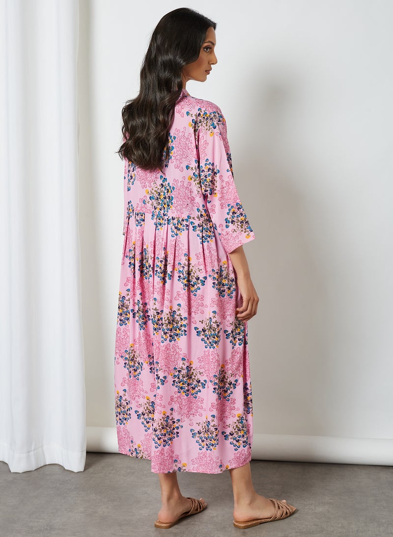 Floral Printed Three-Quarter Sleeves Mandarian Neck Midi Jalabiya Multicolour