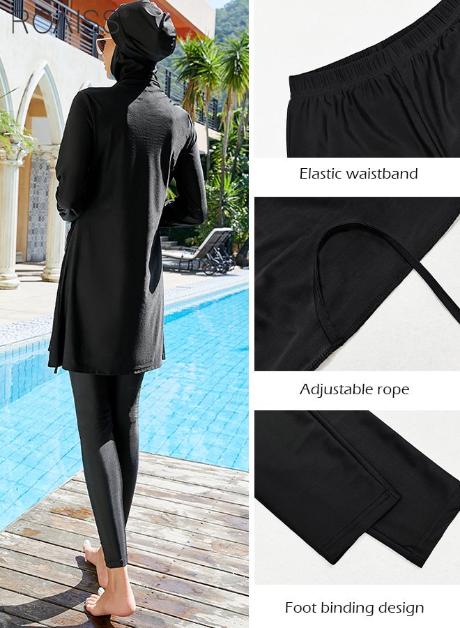 3-Piece Muslim Conservative Swimsuit With Adjustable Pleat Design Sun Protection Split Design Swimsuit