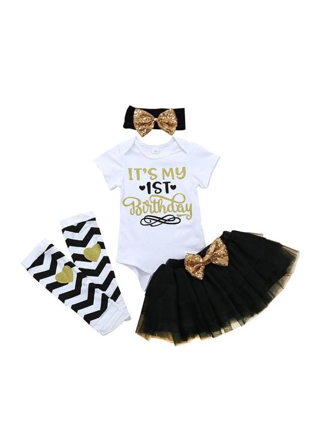 4-Piece New Year Tutu Dress Outfit Set Black/White/Gold