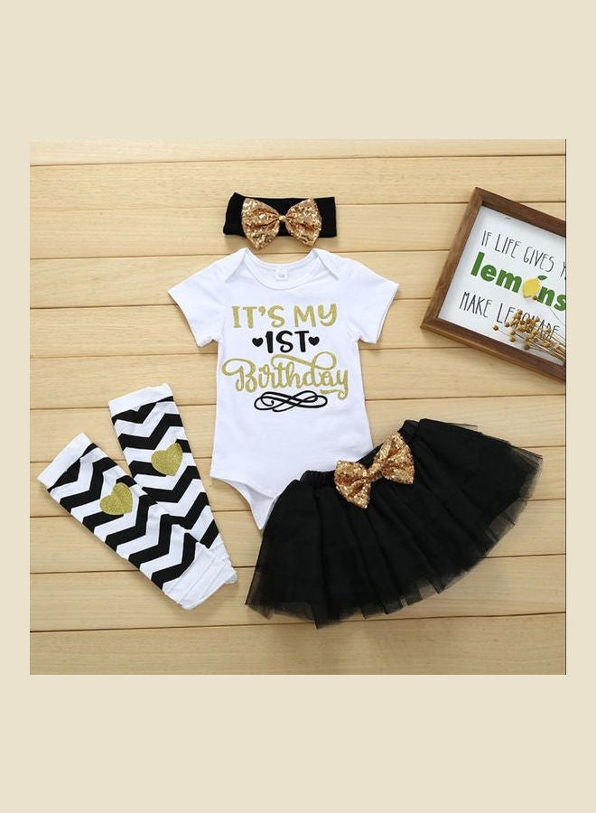 4-Piece New Year Tutu Dress Outfit Set Black/White/Gold