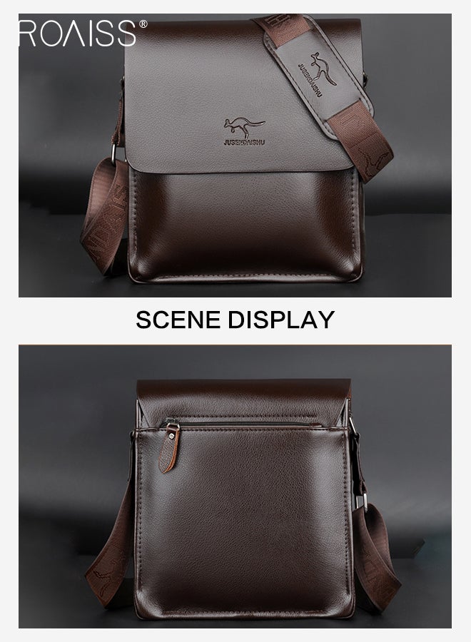 Business PU Leather Shoulder Bag for Men 7 Pockets Clamshell Adjustable Strap Waterproof Large Capacity Crossbody Bag Mens Classic Commuting Premium Textures Backpack