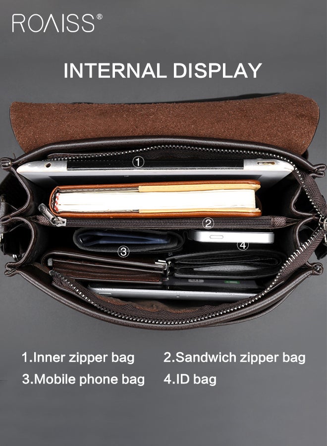 Business PU Leather Shoulder Bag for Men 7 Pockets Clamshell Adjustable Strap Waterproof Large Capacity Crossbody Bag Mens Classic Commuting Premium Textures Backpack