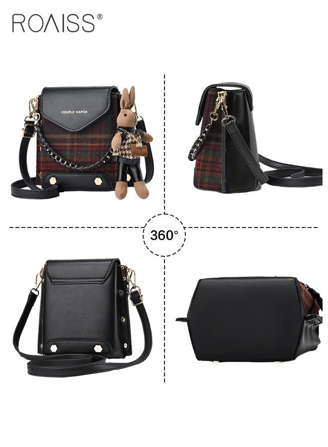 Stitched Plaid Small Square Bag Women'S Fashion Versatile Crossbody Bag Pu Leather Plaid Woolen Spliced Adjustable Shoulder Strap Shoulder Bag