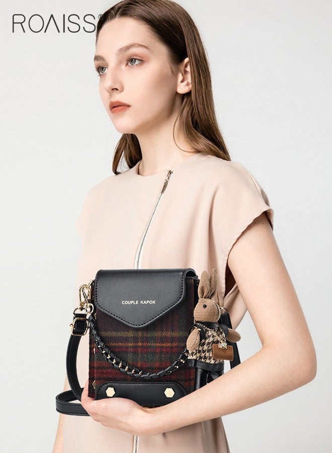 Stitched Plaid Small Square Bag Women'S Fashion Versatile Crossbody Bag Pu Leather Plaid Woolen Spliced Adjustable Shoulder Strap Shoulder Bag