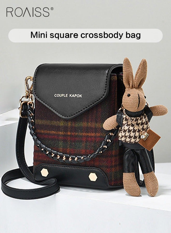 Stitched Plaid Small Square Bag Women'S Fashion Versatile Crossbody Bag Pu Leather Plaid Woolen Spliced Adjustable Shoulder Strap Shoulder Bag