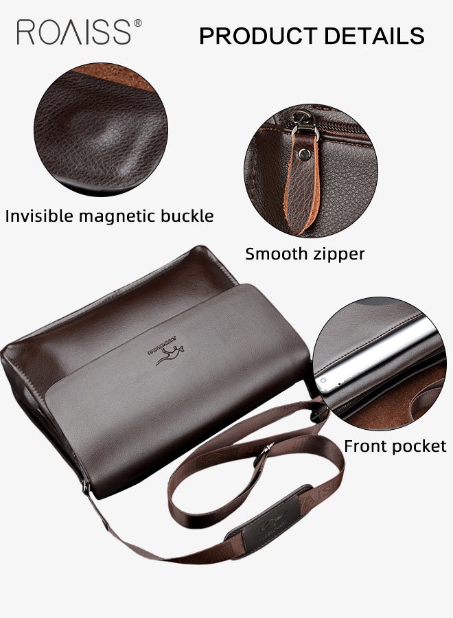 Business PU Leather Shoulder Bag for Men 7 Pockets Clamshell Adjustable Strap Waterproof Large Capacity Crossbody Bag Mens Classic Commuting Premium Textures Backpack