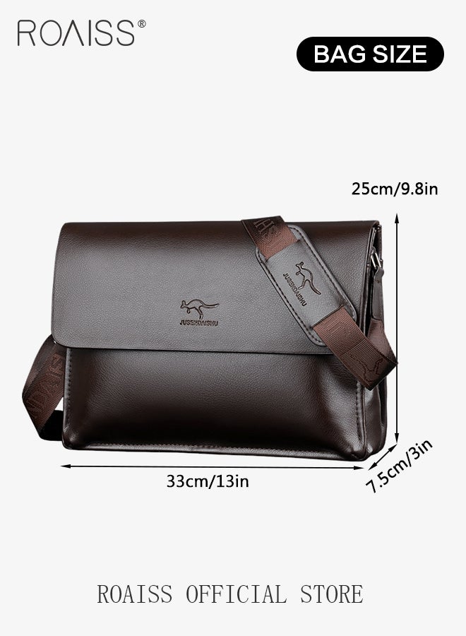 Business PU Leather Shoulder Bag for Men 7 Pockets Clamshell Adjustable Strap Waterproof Large Capacity Crossbody Bag Mens Classic Commuting Premium Textures Backpack