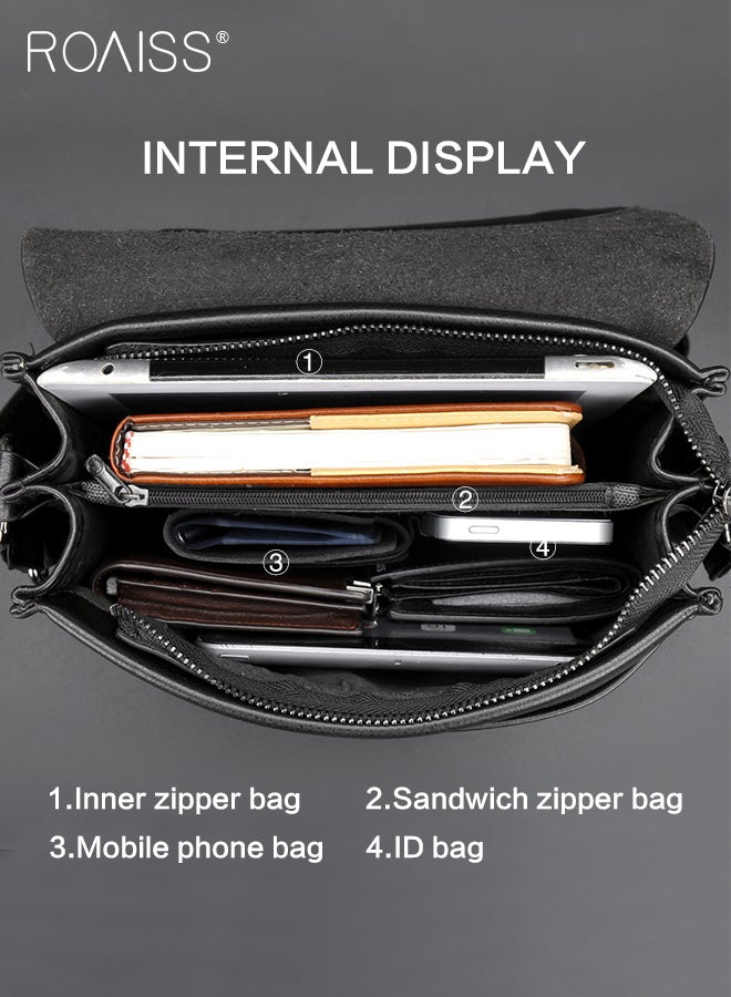 Business PU Leather Shoulder Bag for Men 7 Pockets Clamshell Adjustable Strap Waterproof Large Capacity Crossbody Bag Mens Classic Commuting Premium Textures Backpack