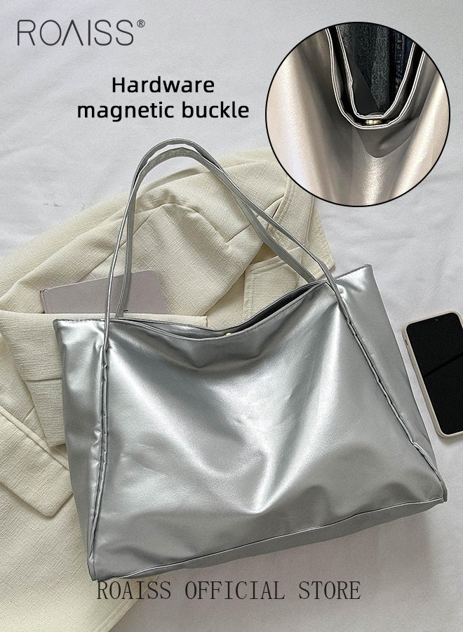 Large Capacity Tote Bag for Women PU Leather Exquisite Sewing Thread Shoulder Bag Ladies Simple Stylish Handbag with Hardware Suction Buckle and Internal Patch Pocket