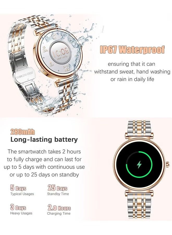 Ladies Diamond SmartWatch, 1.27-Inch High-Definition Screen, Fitness Waterproof, Heart Rate Monitoring, Universal For Android And iOS Systems, RT I109 Two Tone Gold