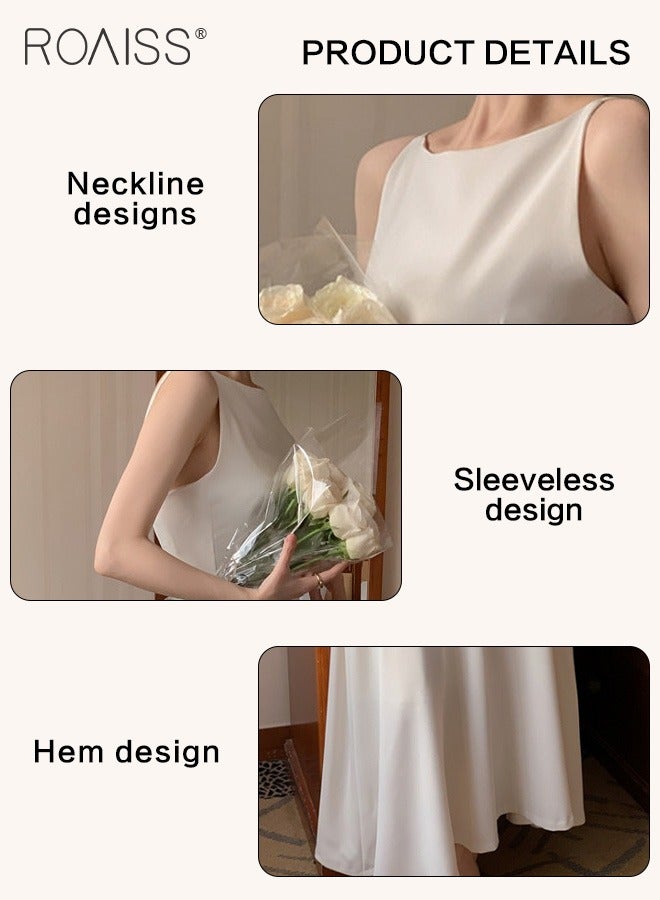 Simple And Gentle Satin Dress, Women'S Fashionable And Versatile Commuting One-Shoulder Sleeveless High-Waist Large Skirt A-Line Dress