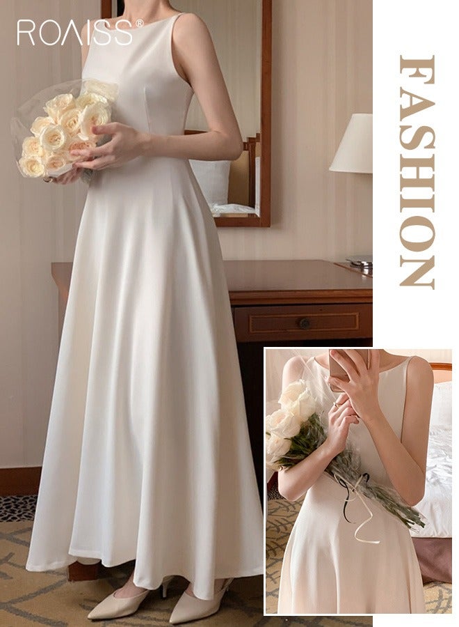 Simple And Gentle Satin Dress, Women'S Fashionable And Versatile Commuting One-Shoulder Sleeveless High-Waist Large Skirt A-Line Dress