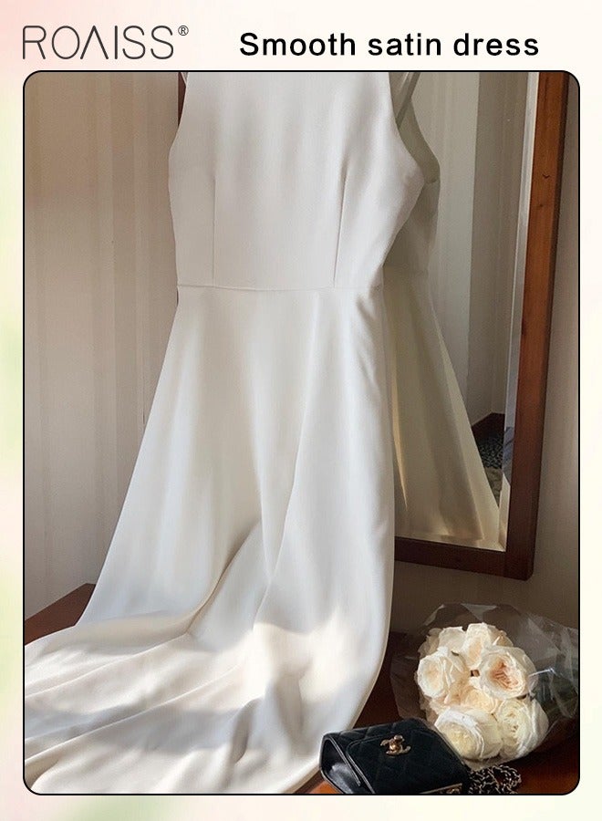 Simple And Gentle Satin Dress, Women'S Fashionable And Versatile Commuting One-Shoulder Sleeveless High-Waist Large Skirt A-Line Dress