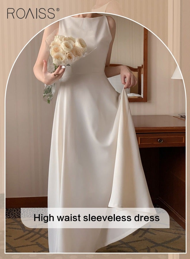 Simple And Gentle Satin Dress, Women'S Fashionable And Versatile Commuting One-Shoulder Sleeveless High-Waist Large Skirt A-Line Dress