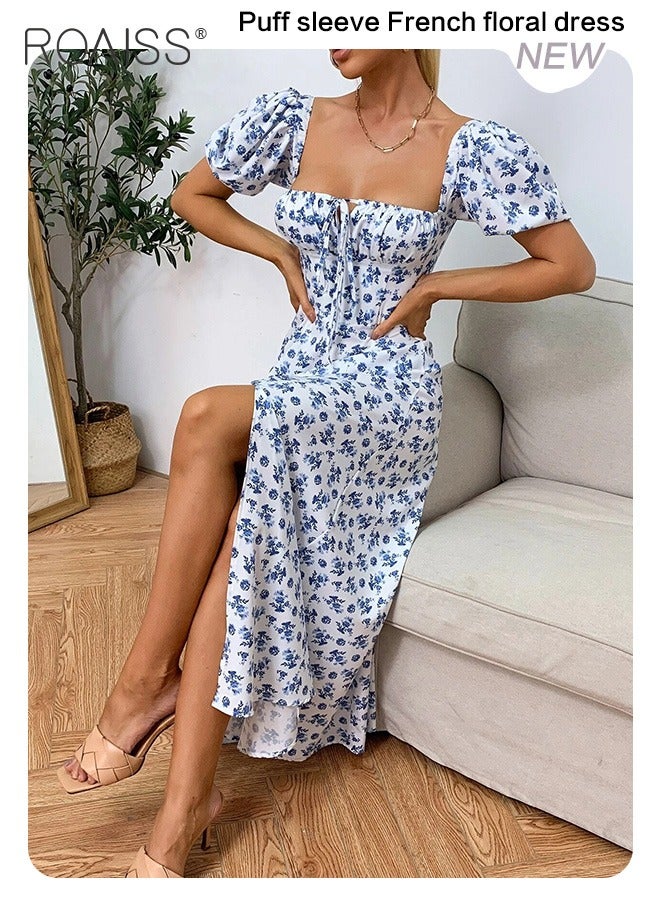 French Sweet Dress For Women'S Daily Commuting, Versatile Floral Square Neck Puff Short-Sleeve Side Slit Holiday High-Waisted Large Skirt Dress