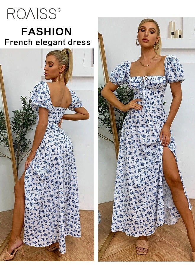 French Sweet Dress For Women'S Daily Commuting, Versatile Floral Square Neck Puff Short-Sleeve Side Slit Holiday High-Waisted Large Skirt Dress