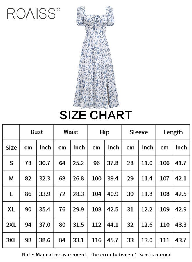 French Sweet Dress For Women'S Daily Commuting, Versatile Floral Square Neck Puff Short-Sleeve Side Slit Holiday High-Waisted Large Skirt Dress