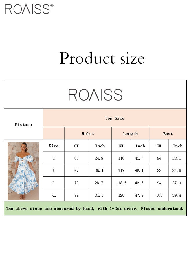 Fashionable Printed Puff Sleeve Dress Women'S Daily Commuting Vacation V-Neck Large Skirt Dress