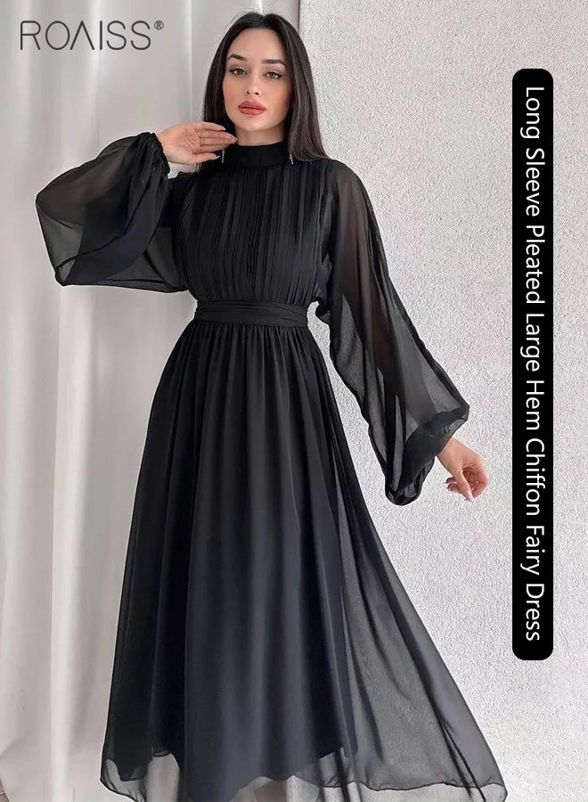 Elegant Chiffon Dress Women'S Fashion Versatile Pleated Design Stand Collar Lantern Sleeve Banquet Party High Waist Dress