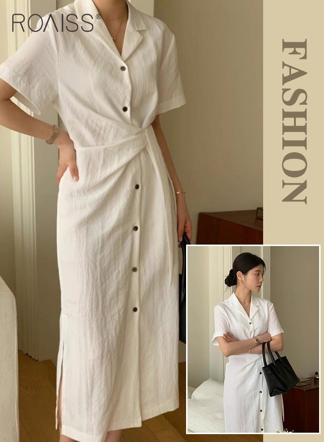 Fashionable And Elegant Shirt Dress For Women'S Daily Commuting Business V-Neck Short-Sleeved Single-Breasted Waist-Cinching All-Match Dress