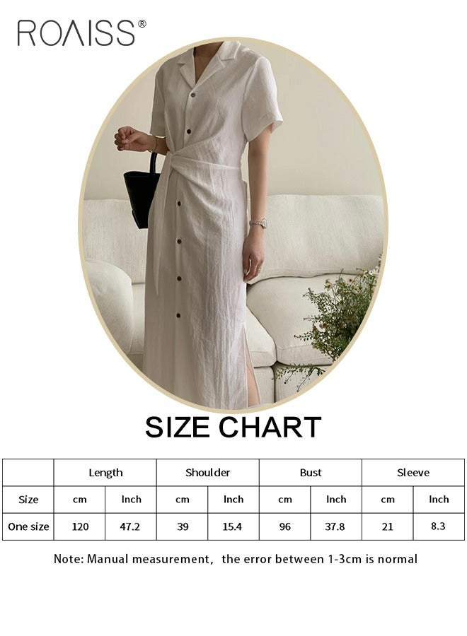 Fashionable And Elegant Shirt Dress For Women'S Daily Commuting Business V-Neck Short-Sleeved Single-Breasted Waist-Cinching All-Match Dress