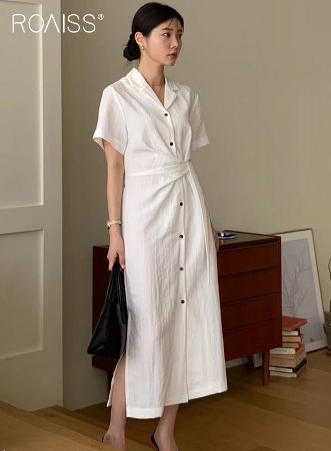 Fashionable And Elegant Shirt Dress For Women'S Daily Commuting Business V-Neck Short-Sleeved Single-Breasted Waist-Cinching All-Match Dress