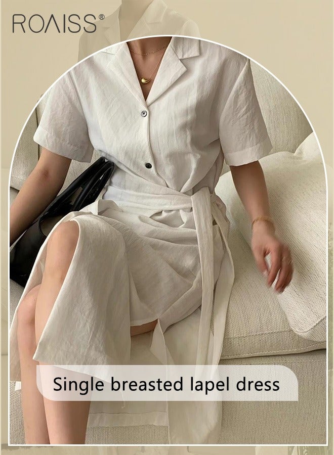 Fashionable And Elegant Shirt Dress For Women'S Daily Commuting Business V-Neck Short-Sleeved Single-Breasted Waist-Cinching All-Match Dress