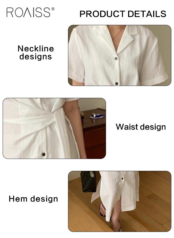 Fashionable And Elegant Shirt Dress For Women'S Daily Commuting Business V-Neck Short-Sleeved Single-Breasted Waist-Cinching All-Match Dress