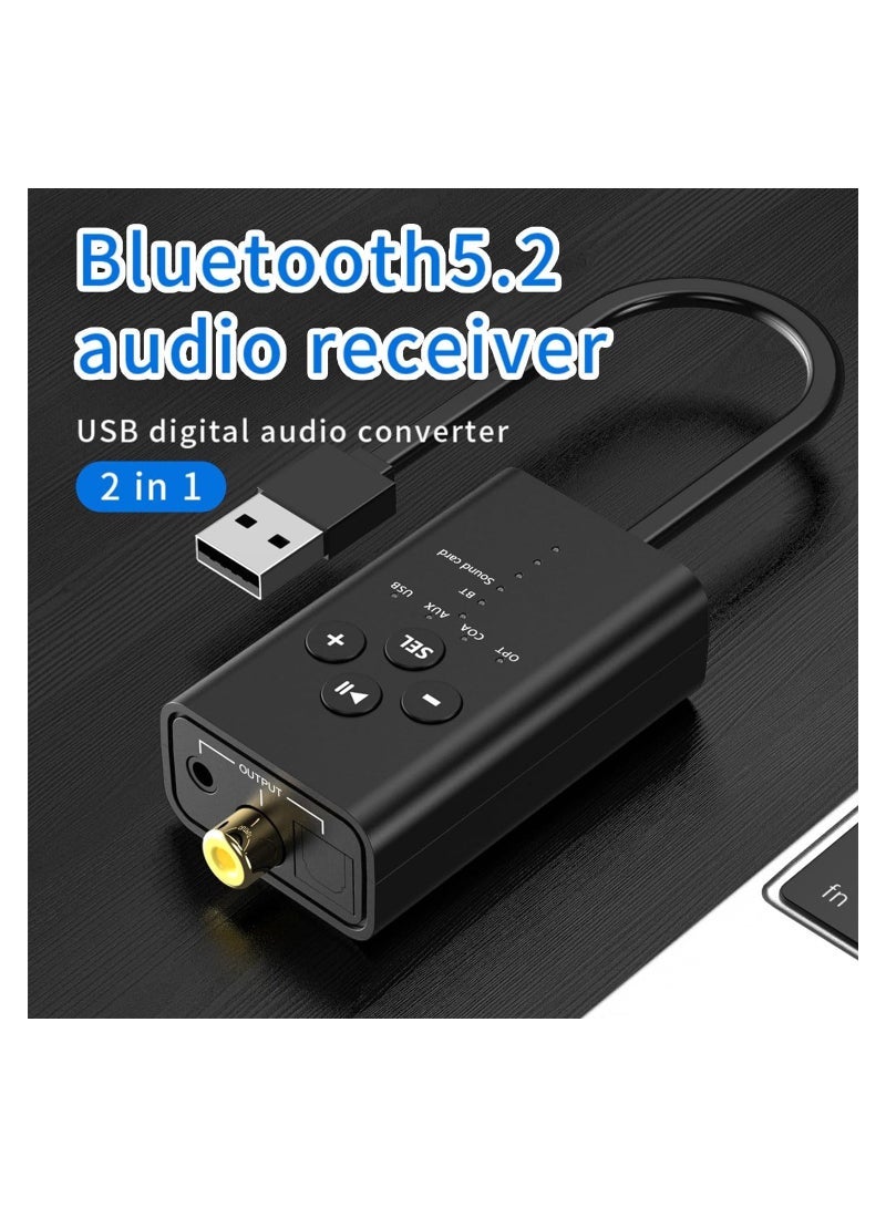 Audio Converter, Bluetooth 5.2 Transmitter for TV, APT X Low Latency Multiple Interfaces Wireless Audio Adapter, for Two Headphones (AUX/RCA/Optical/Coaxial Audio Inputs), Plug and Play