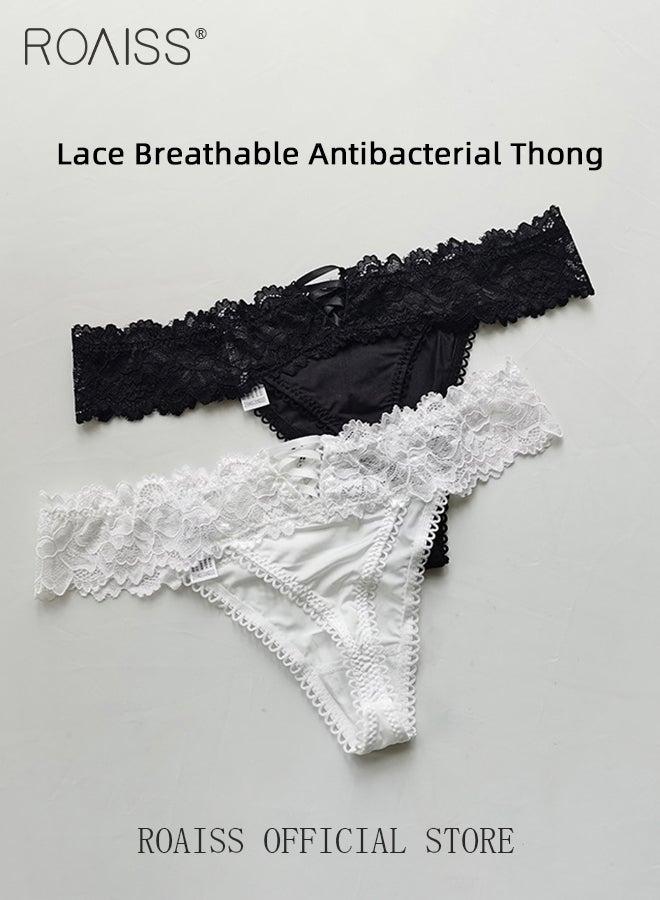 2Pcs Lace Thongs Set for Women Mid-Waist Comfortable Breathable Body Fitting Briefs for Ladies Female Solid Threaded Color Seamless Soft Panties Sets