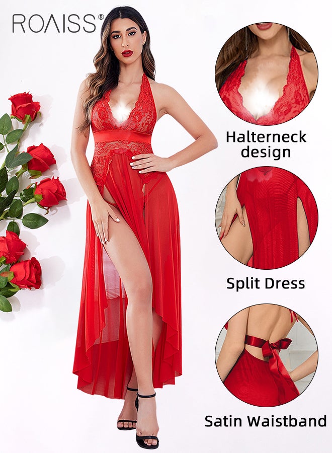 2 Pack Lace Suspender Pajamas Set for Women Tight Waist High Slit Spaghetti Straps Nightgown Summer Ladies Adult Romantic See Through Dress Charming Boudoir Outfits Loungewear