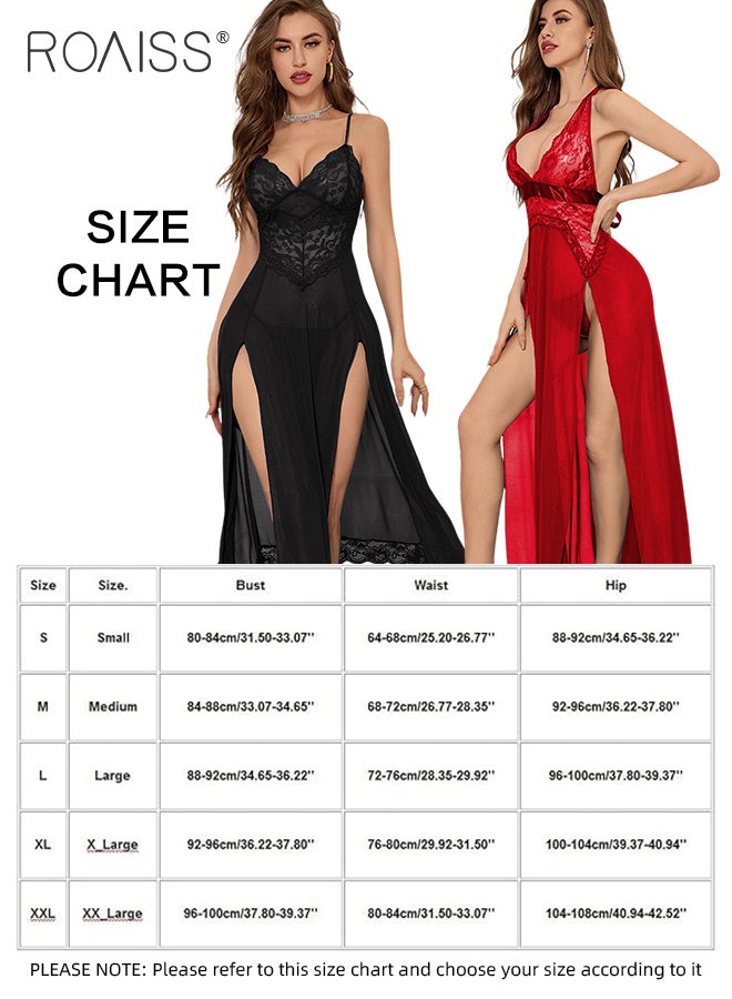 2 Pack Lace Suspender Pajamas Set for Women Tight Waist High Slit Spaghetti Straps Nightgown Summer Ladies Adult Romantic See Through Dress Charming Boudoir Outfits Loungewear