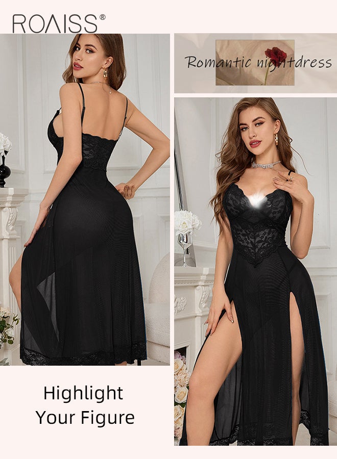 2 Pack Lace Suspender Pajamas Set for Women Tight Waist High Slit Spaghetti Straps Nightgown Summer Ladies Adult Romantic See Through Dress Charming Boudoir Outfits Loungewear