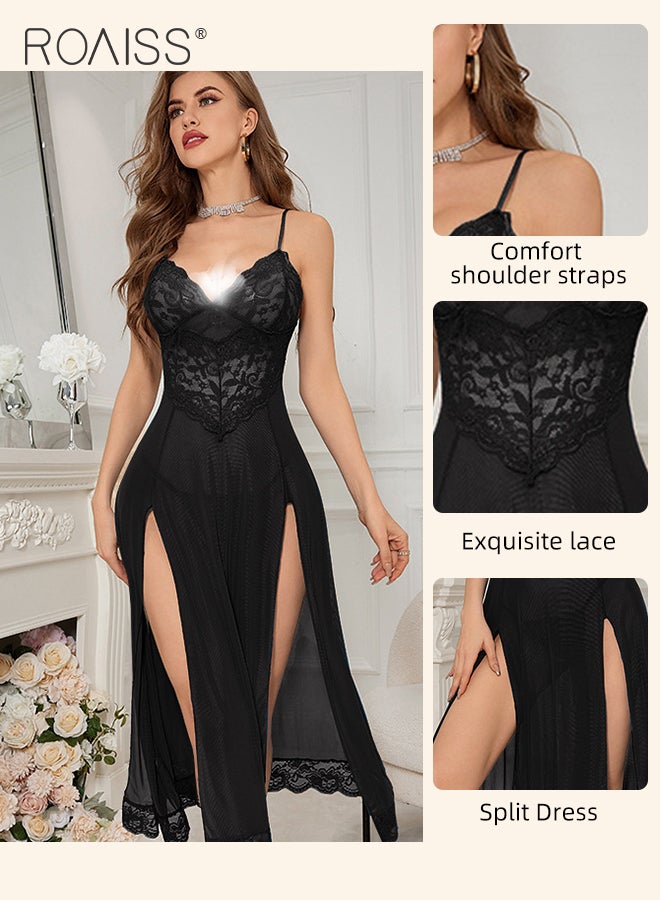 2 Pack Lace Suspender Pajamas Set for Women Tight Waist High Slit Spaghetti Straps Nightgown Summer Ladies Adult Romantic See Through Dress Charming Boudoir Outfits Loungewear