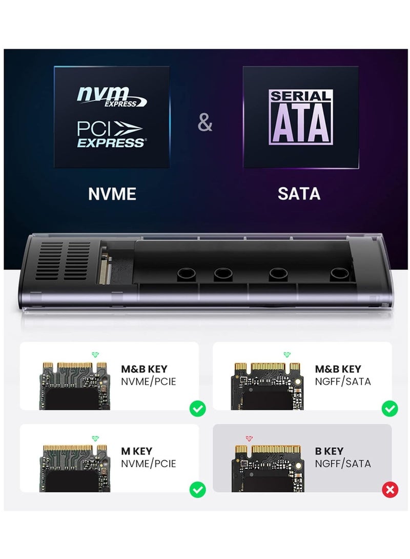 M.2 NVME SATA SSD Enclosure Aluminum Adapter, Hard Drive Enclosure, USB C Gen 2 NVME PCIe 10Gbps SATA M-Key/B+M Key External SSD Adapter, M.2 SSD Enclosure for 2230/2242/2260/2280, Support UASP Trim